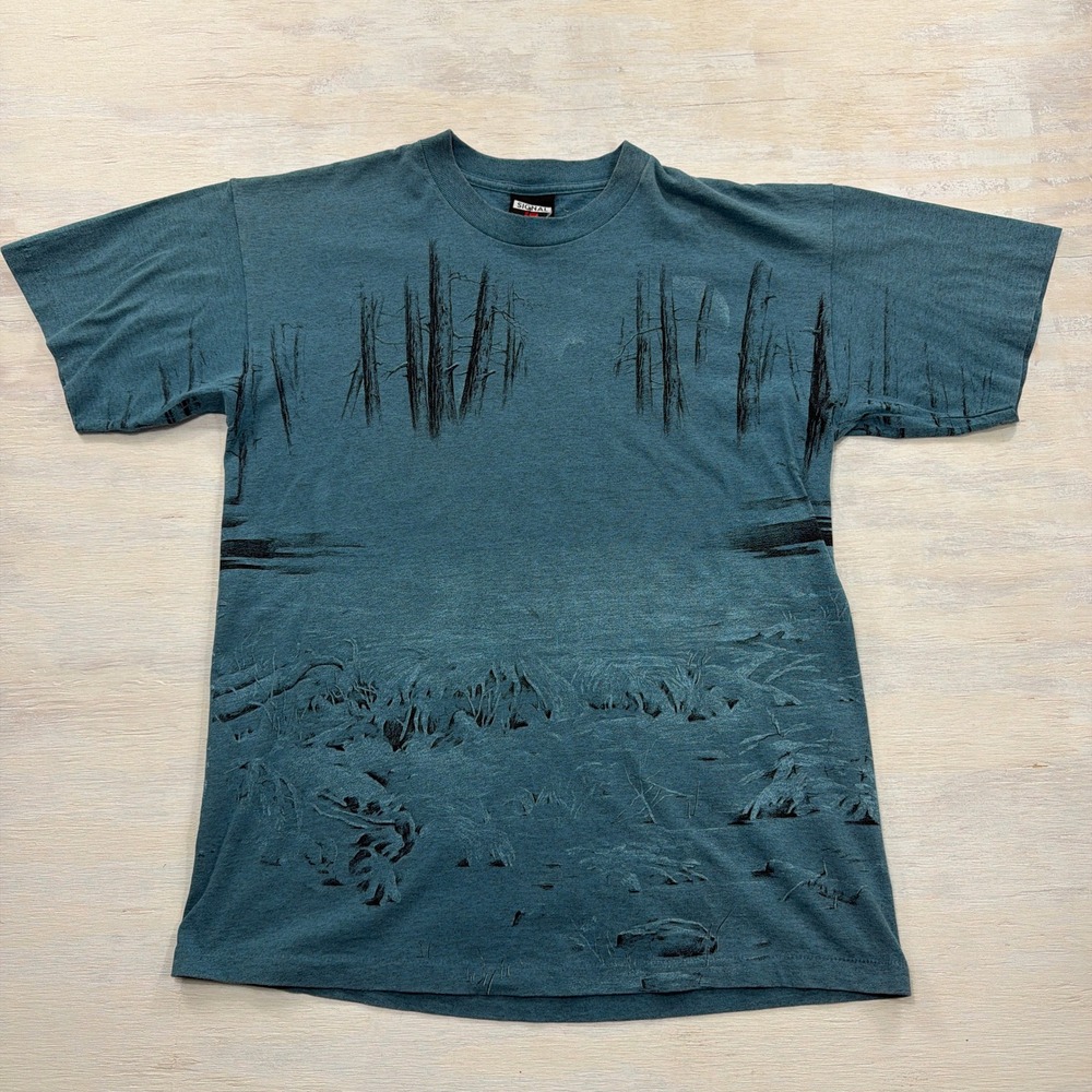 Signal Sport T-Shirt Large Vintage All Over Print Nature Landscape Teal Mens